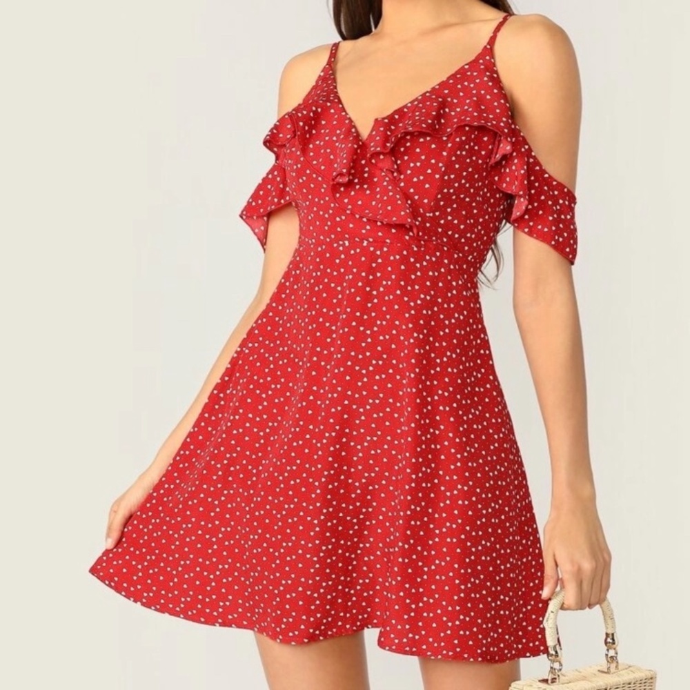 NWOT SHEIN Ruffle Detail Cold Shoulder White Hearts Allover Print Dress L